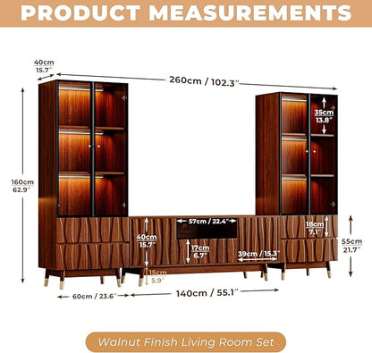 102" Walnut Finish Entertainment Center for 32/43/55 inch TV, Included 55.1'' TV Stand and 2 Glass Display Cabinet, 3-Piece Brown Mid Century Modern Wood Media Console for Living Room