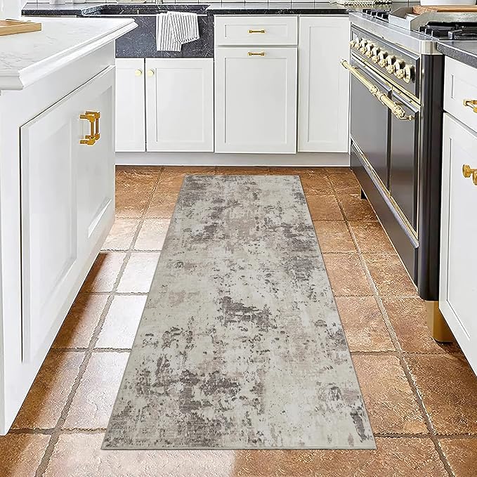 ROYHOME Modern Abstract 2x10 Runner Rug Washable Non Slip Stain Resistant Rug for Hallway Kitchen Bedroom Non Shedding Low Pile Indoor Floor Cover,Brown Grey