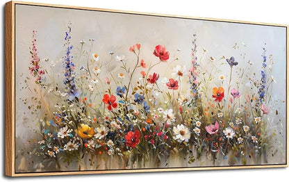 hyidecorart Large Canvas Print Wall Art Bedroom Wall Decor Pastel Watercolor Wild flowers Nature Field Landscape Paintings Farmhouse Pictures Office Artwork Living Room Wall Art Decor Wood Framed