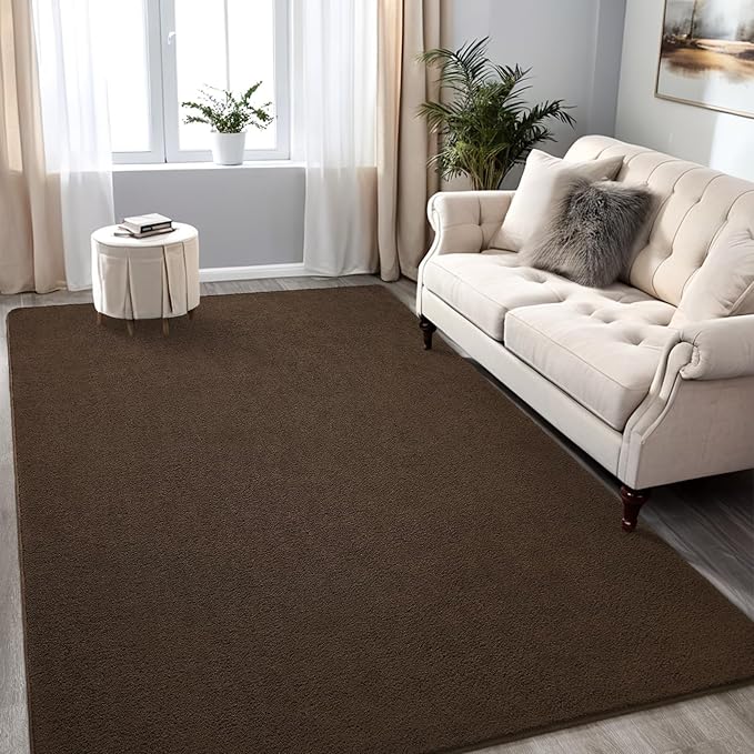 Fluffy 7x10 Feet Area Rug for Living Room, Large Dark Brown Rugs for Bedroom, Modern Low Pile Washable Memory Foam Indoor Carpet, Non Slip Rectangle Carpets for Home Decor