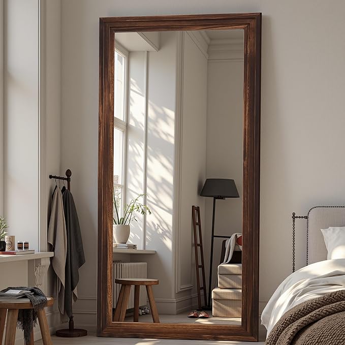 Full Length Mirror, 81"x41" Wooden Mirror Full Length with Stand Wood Floor Mirror, Oversized Stand Up Mirrors Large Wall Mirrors, Wall Mounted Mirrors, Rect Wood Style, Walnut