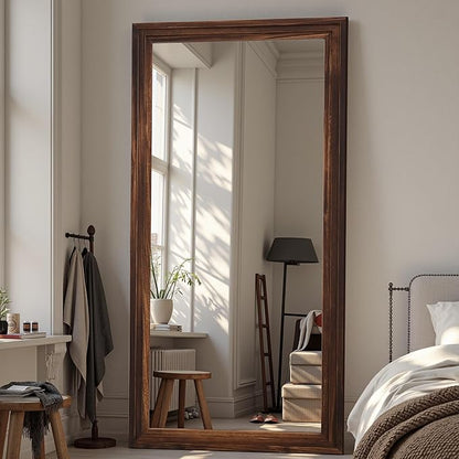 Full Length Mirror, 81"x41" Wooden Mirror Full Length with Stand Wood Floor Mirror, Oversized Stand Up Mirrors Large Wall Mirrors, Wall Mounted Mirrors, Rect Wood Style, Walnut
