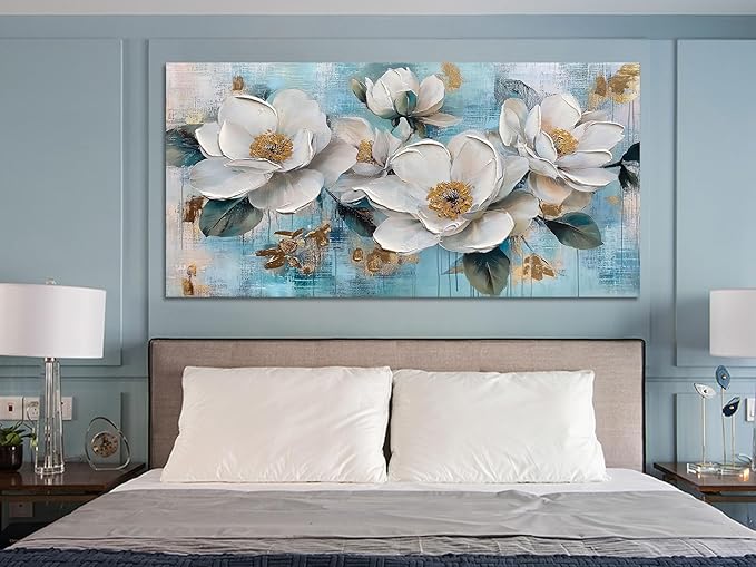 Ardemy Flower Wall Art for Living Room White Floral Canvas Art Wall Decor, Magnolia Teal Picture Textured Large Painting Turquoise Framed Artwork Bedroom Dining Room Kitchen Home Office 48"x24"