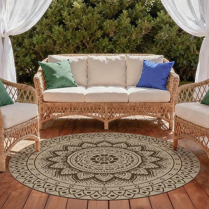 Easy Jute Outdoor Round Rug, 5ft Washable Indoor Outdoor Patio Rug, Brown Non Slip Round Area Rug Farmhouse, Boho Carpet for Backyard Patio