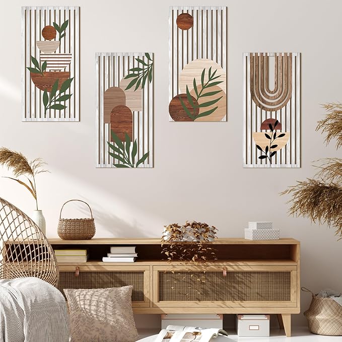 Yuntau 4 Pcs Boho Wooden Wall Art Plant Wall Sculptures Abstract Minimalist Wall Decor Geometric Sun Rainbow Painting Home Decor Print for Living Room Bedroom Office(Cute)