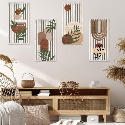 Yuntau 4 Pcs Boho Wooden Wall Art Plant Wall Sculptures Abstract Minimalist Wall Decor Geometric Sun Rainbow Painting Home Decor Print for Living Room Bedroom Office(Cute)