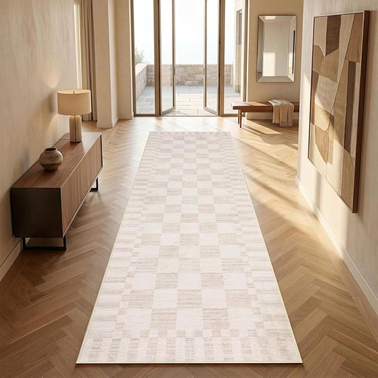 GarveeHome 2.5×8 Kitchen Runner Rug Non Slip,Beige Checkered Rug,Washable Runner Rug for Hallway Soft Low-Pile Geometric Checkerboard Rugs for Entryway Kitchen Dining Room