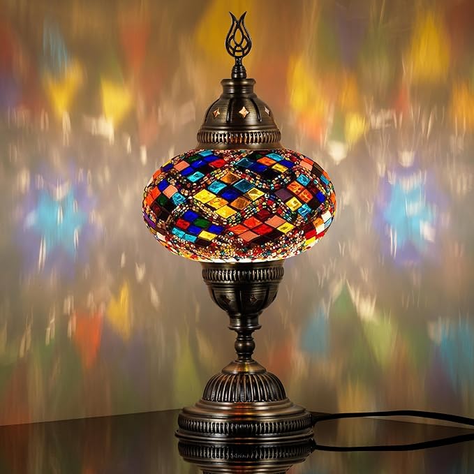 DEMMEX – 7" Large Globe Turkish Moroccan Mosaic Table Lamp, Handcrafted Tiffany-Style Colorful Glass Bedside, Desk & Table Light, Artisan Decor for Living Room or Bedroom, 14" H (Multicolor)