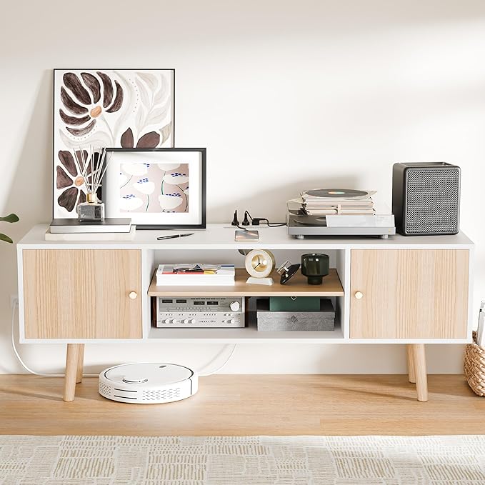 Cozy Castle TV Stand for 48-55 Inch TV, Mid Century Modern Entertainment Center with Storage Cabinet, TV Media Console with Charging Station for Living Room (Oak, 42.5" W x 15.7" D x 19.7" H)