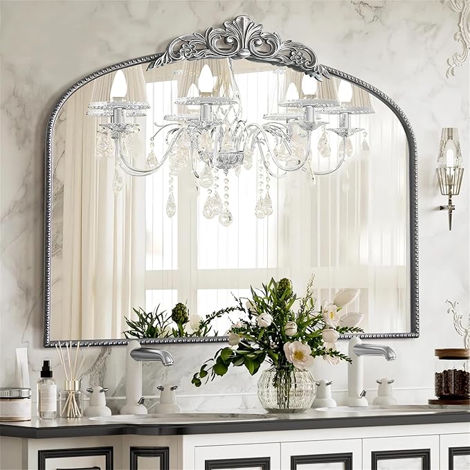 Micasso Large Vintage Silver Mirror: 40"x29" French Baroque Antique Arched Mirror - Traditional Ornate Decorative for Wall/Fireplace/Mantel/Entryway/Bathroom/Hallway - Home Decor for Living Room