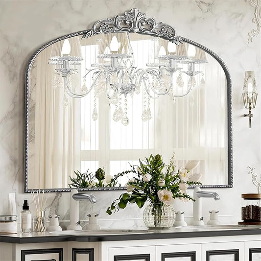 Micasso Large Vintage Silver Mirror: 40"x29" French Baroque Antique Arched Mirror - Traditional Ornate Decorative for Wall/Fireplace/Mantel/Entryway/Bathroom/Hallway - Home Decor for Living Room