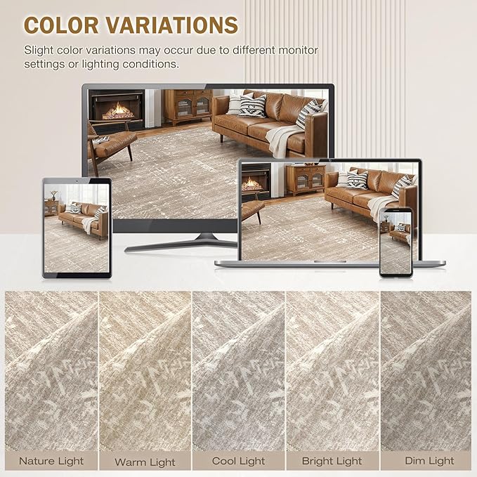 Area Rug for Living Room - 9x12 Soft Washable Oriental Vintage Floral Distressed Large Carpet - Fade Stain Resistant Non Slip Rugs for Bedroom Dining Room Nursery Dorm Office Home Decor - Camel