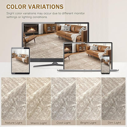 Area Rug for Living Room - 9x12 Soft Washable Oriental Vintage Floral Distressed Large Carpet - Fade Stain Resistant Non Slip Rugs for Bedroom Dining Room Nursery Dorm Office Home Decor - Camel