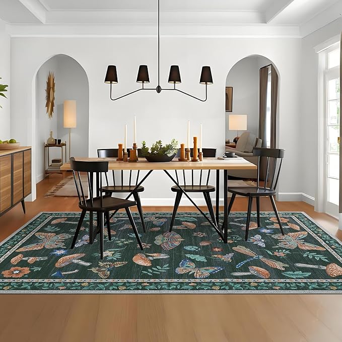 Mushroom 8 X 10 Rug for Living Room Non Slip Washable 8x10 Rug for Bedroom with Rubber Back Soft Low-Pile Stain Resistant Foldable Large Carpet for Office Nursery Dining Room Black