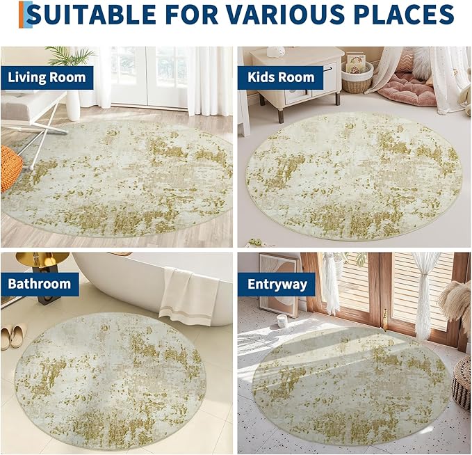 ROYHOME Modern Abstract 4x4 Round Area Rug Non Slip Non Shedding Rug Low Pile Stain Resistant for Bedroom Living Room Office Dining Room,Golden Grey
