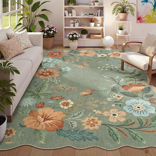 Lahome Floral Washable Rugs 8x10, Non-Slip Soft Green Rug Stain Resistant, Ultra-Thin 8x10 Rugs for Living Room Easy Clean Boho Accent Carpet for Dining Room Office Flore (8x10ft,Green)
