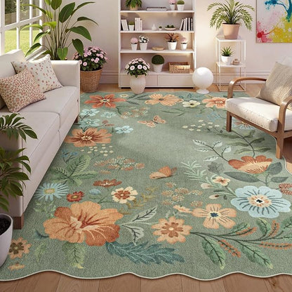 Lahome Floral Washable 6x9 Area Rugs, Soft Bedroom Rug for Living Room Ultra-Thin Non Slip Dining Room Rug, Stain Resistant Boho Green Rugs Throw Carpet for Office Flore (6'x9',Green)