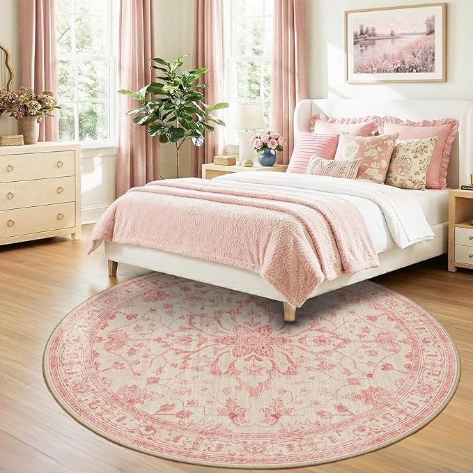 RELEANY Area Rugs Round 8ft Washable Non-Slip, Floral Vintage Distress Print Pattern Medallion Carpet for Living Room Bedroom Dining Room, Pink Light Vintage Pink