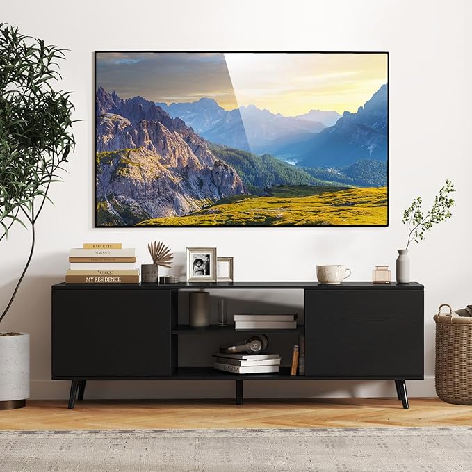 Tangkula TV Stand for 60" TVs, Entertainment Center w/Power Outlets, Mid Century Modern Media TV Console Table w/Adjustable Shelf, 2 Cabinets & Metal Support Legs for Living Room (Black)