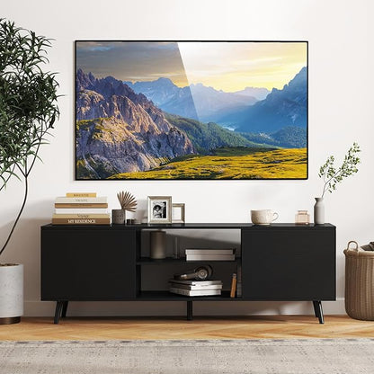 Tangkula TV Stand for 60" TVs, Entertainment Center w/Power Outlets, Mid Century Modern Media TV Console Table w/Adjustable Shelf, 2 Cabinets & Metal Support Legs for Living Room (Black)