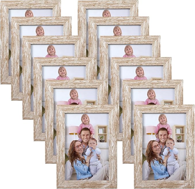 Giftgarden 4x6 Picture Frame Distressed Beige White Set of 12, Multi Rustic Wood Grain 4 by 6 Photo Frames Bulk for Wall or Tabletop Display