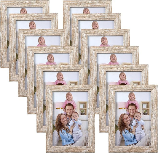 Giftgarden 4x6 Picture Frame Distressed Beige White Set of 12, Multi Rustic Wood Grain 4 by 6 Photo Frames Bulk for Wall or Tabletop Display