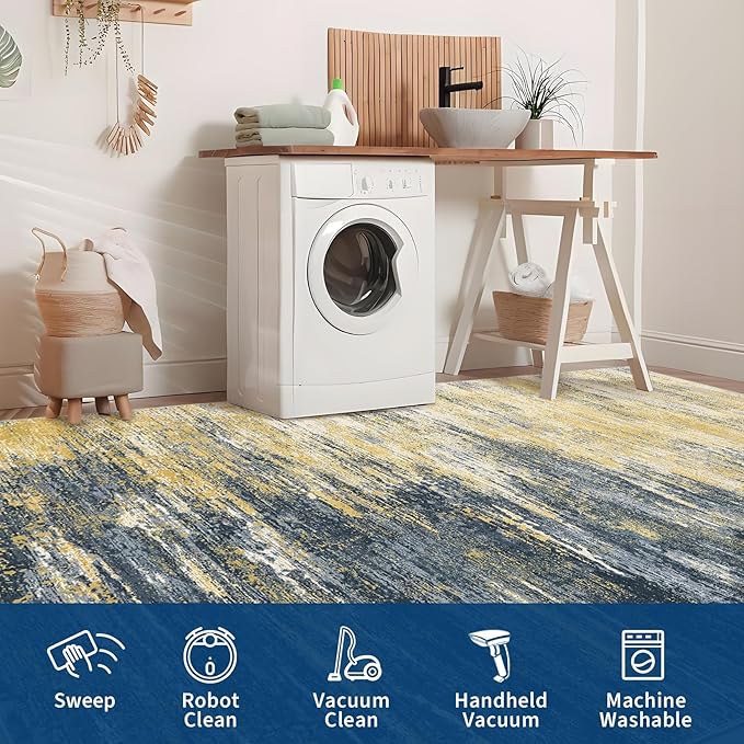 ROYHOME Washable Rug 5x7 Abstract Area Rug for Living Room, Non Slip Foldable Soft Rugs for Bedroom, Stain Resistant Rugs Modern Fuzzy Rug, Indoor Carpet for Entryway Home, Yellow/Black
