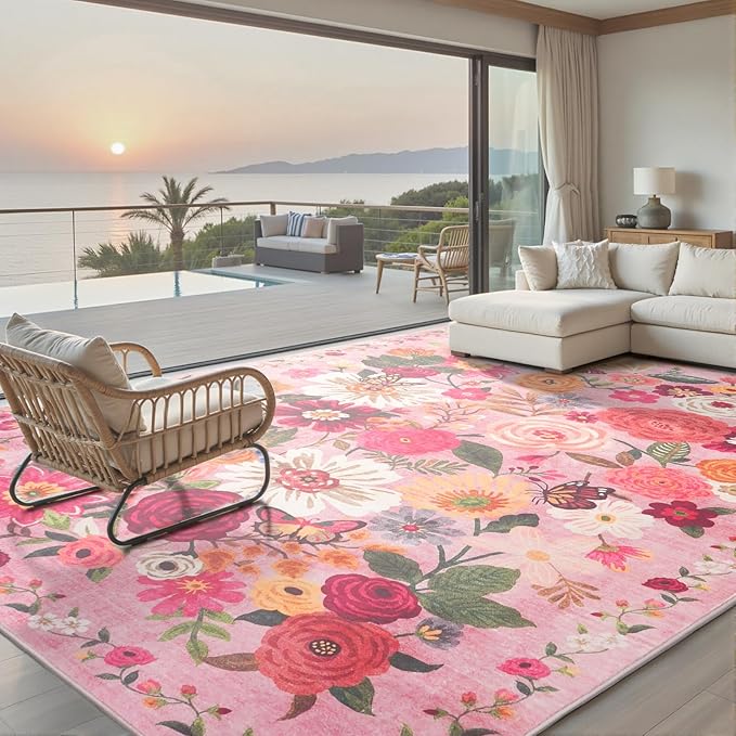 Pink Area Rugs 10x14 for Living Room, Non Slip Machine Washable Floral Rugs, Low Pile Lightweight Large Rug for Bedroom, Dining Room, Home Office