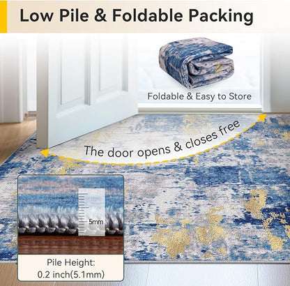 RELEANY Washable Area Rugs 5'x7' Non-Slip Modern Abstract Soft for Living Room Entryway Bedroom Nursery, Print Pattern, Grey Blue Gold/Golden