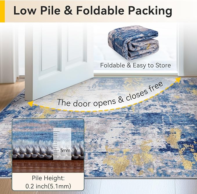 RELEANY Washable Area Rugs 2'6"x12 Non-Slip Modern Abstract Soft for Living Room Entryway Bedroom Nursery, Print Pattern, Grey Blue Gold/Golden