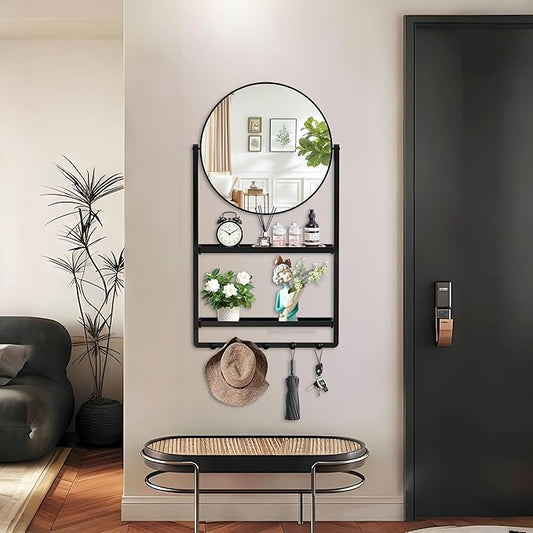 39.5" × 21.7" Black Round Wall Mirror with Shelf and Hooks, 10° Adjustable Tilt Metal Frame Bathroom Mirror with Shelf for Bedroom, Entryway, Living Room
