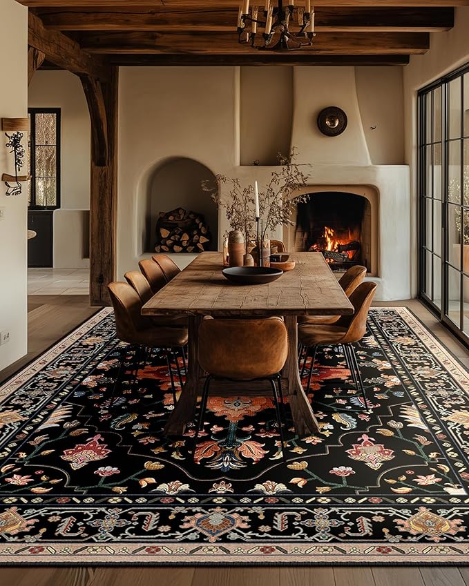 RELEANY Area Rugs 10'x14' Washable Non-Slip, Floral Vintage Distress Print Pattern Medallion Carpet for Living Room Bedroom Dining Room, Black Colorful Floral Dark Tan