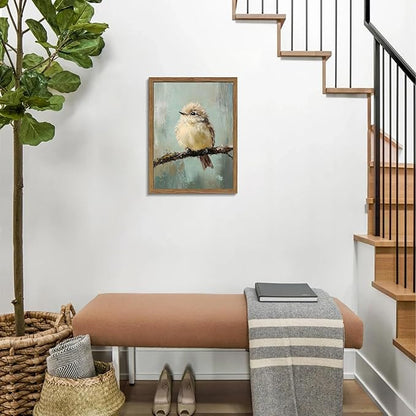 Vintage Framed Bird Wall Art, Rustic Sparrow on Branch Canvas Wall Decor Painting, Cute Bird Animal Artwork Poster Prints Pictures for Living Room Bedroom Bathroom 16x24 Inch