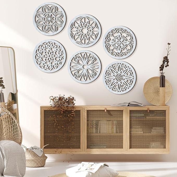 Ferraycle 6 Pieces Thicken Rustic Wall Decor Farmhouse Wall Art Wooden Round Art Hanging Decoration Hollow Carved for Living Room Bedroom Kitchen Office Apartment Hallway(Retro Grey)
