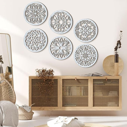 Ferraycle 6 Pieces Thicken Rustic Wall Decor Farmhouse Wall Art Wooden Round Art Hanging Decoration Hollow Carved for Living Room Bedroom Kitchen Office Apartment Hallway(Retro Grey)