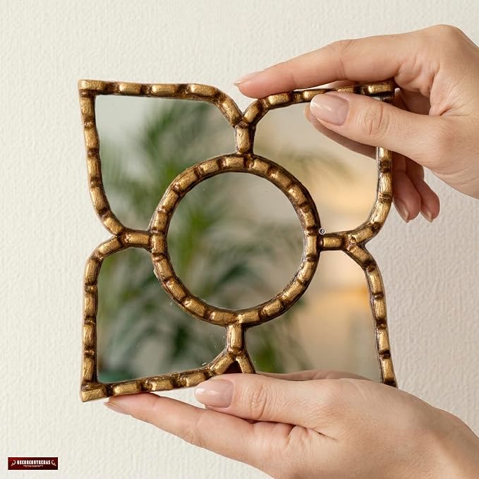 Small Gold Peruvian Mirror Bronze Leaf Frame Handmade Wall Decor 6" Square - 8.3" Diamond - Gift Mothers Day (Gold)