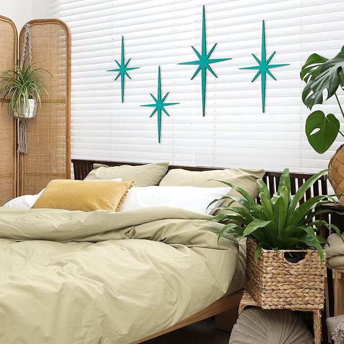 Blulu 4 Pcs Cast Iron Starburst Shaped Wall Decor Metal Mid Century Modern Decor Retro Atomic Stars Wall Art Elegance Accents Vintage Celestial Whimsigoth Hangings for Home Office Room(Mint)