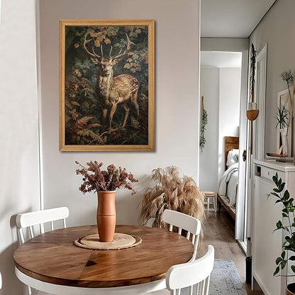 Framed 3D Textured Vintage Wall Art - Dark Academia Decor Sika Deer Hand Drawn Sandstone Paintings with Botanical Florals, Aesthetic Wall Decor for Living Room Bedroom Home 24x36 inch