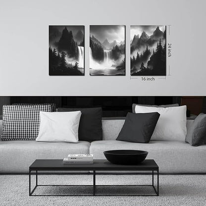Waterfall Pictures Wall Art for Office - Black and White Canvas Wall Art for Living Room - 3 Piece Mountains Wall Art for Bedroom 16" x 24"