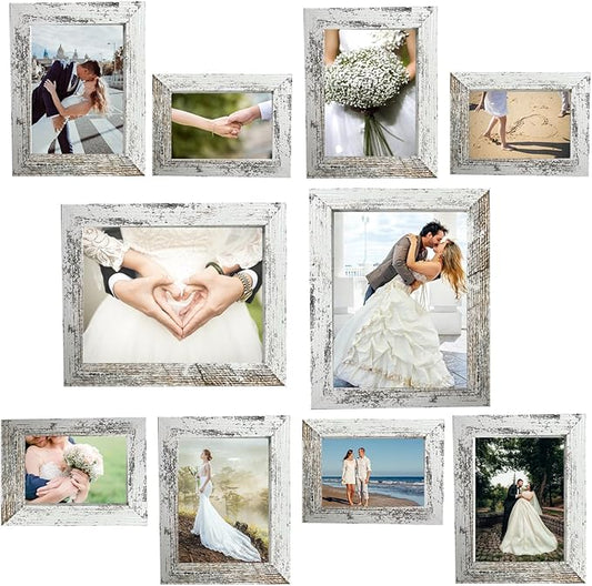 xnlkros Picture Frame Set 10 pack, Farmhouse Photo Frames, Gallery Wall Frame Collage, 8x10 5x7 4x6 Frames in 3 Different Finishes Picture Frames For Wall or Desk,Rustic White