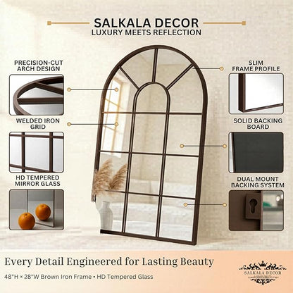 Brown Framed 48x28Inch Arched Window Pane Mirror| Arched Mirrors for Wall & Floor | Arch Mirror Full Length for Entryway Living Room & Bedroom | Oversized Mirrors | Wall Art Decorative |Farmhouse
