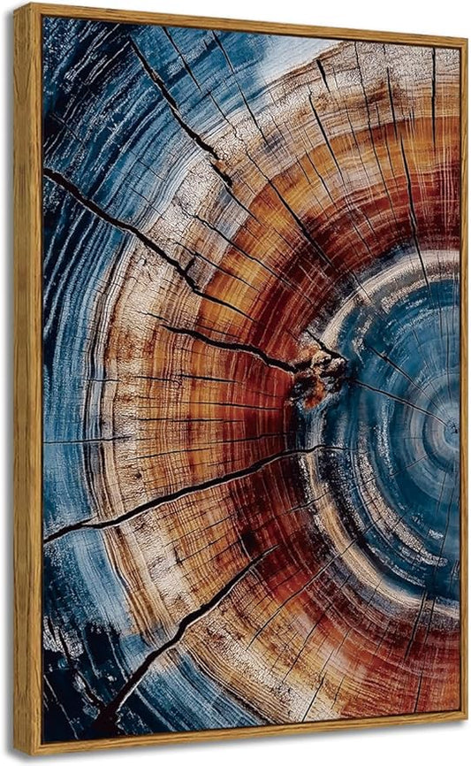BingruiArt Framed Tree Ring Wall Art Blue and Red Boho Wall Decor Nature Print Wood Canvas Rustic Artwork Abstract Painting Modern Picture for Living Room Bedroom Bathroom 16"x24" Natural Framed(01)