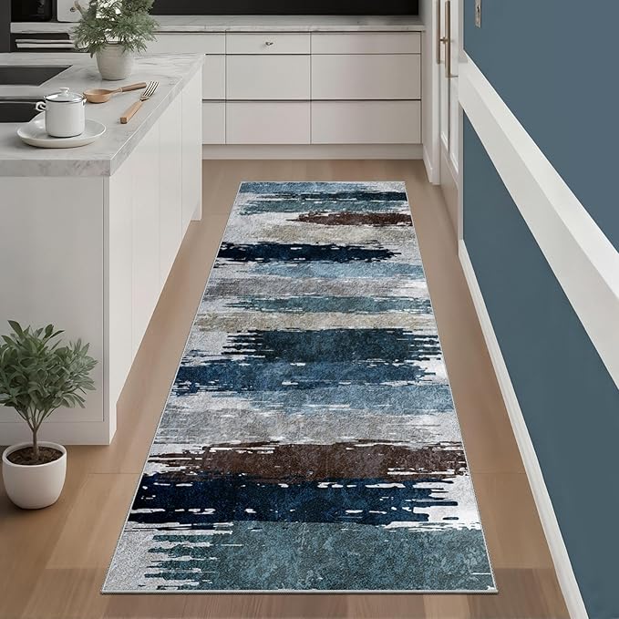 Modern Abstract 2x6 Runner Rug with Non-Slip Backing, Washable Soft Low Pile Runner Rugs for Hallway Kitchen Bedroom Entryway Laundry, Blue Grey