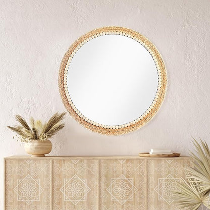 21 Inch Boho Round Hanging Wall Mirror Decorative Rattan Circle Wall Mounted Mirror for Farmhouse, Living Room, Bedroom, Bathroom