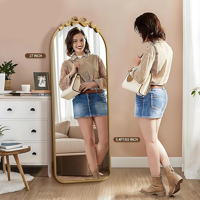 Besdomus Arched Mirror Full Length: 21"x56" French Bow Gold Floor Dressing Mirror - Antique Baroque Traditional Ornate Standing for Entryway/Cloakroom/Bedroom - Home Decor for Fashion-Conscious