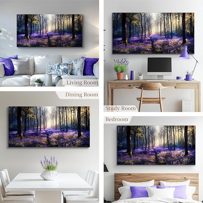 crmotu Nature Landscape Large Wall Art, Lavender Forest Nature Canvas Painting, Sunshine Scenery Aesthetic Art Prints, Purple Floral Wall Pictures for Living Room Bedroom Home Office 29X57 Inches