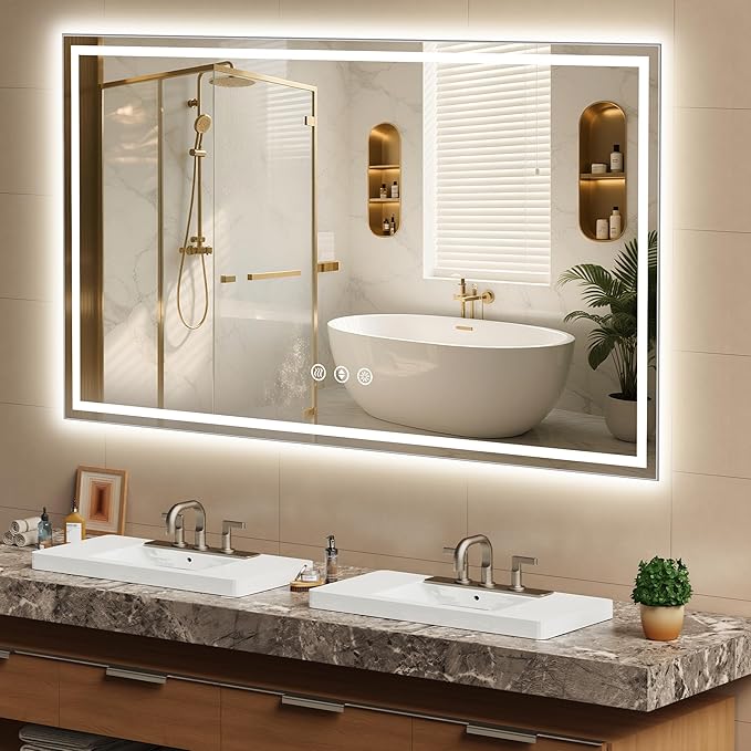 60x36 Inch LED Lighted Bathroom Mirror - Anti-Fog Vanity Mirror with Dimmable Front & Backlit, 3 Color Temp, Smart Memory - Shatterproof HD Glass, IP54 Waterproof Wall Mounted for Makeup Shaving