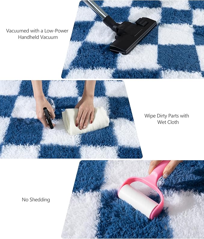 Checkered Rugs for Bedrooms, 4x5.9 Blue and White Carpet for Living Room, Fluffy Shaggy Area Rug for Kids Room, Soft Non Slip Aesthetic Decor for Home