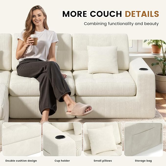 144" U Shaped Cloud Boneless Couch,Modern Modular Sectional Sofa with Layered Cushion,No Assembly Convertible Corduroy Couches for Living Room,Beige 1 PCS
