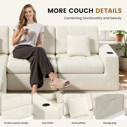 112" L Shaped Cloud Boneless Couch,Modern Modular Sectional Sofa with Layered Cushion,No Assembly Convertible Corduroy Couches for Living Room,Beige 1 PCS